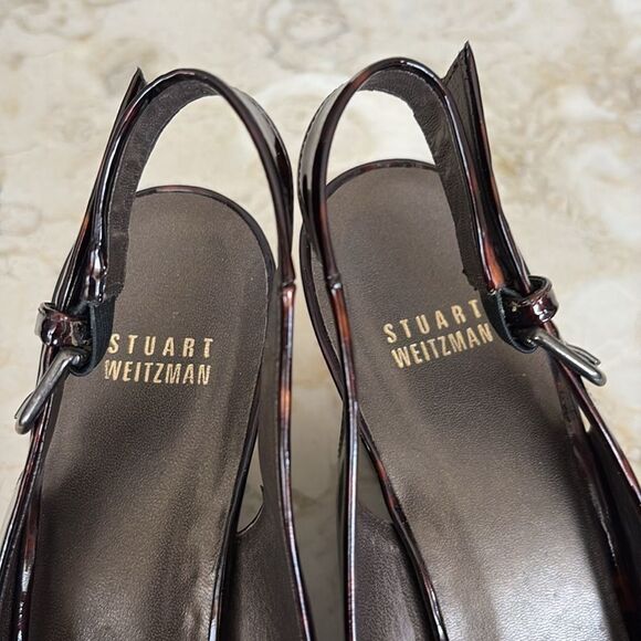 Stuart Weitzman Tortoise Shell Patent Leather Peep Toe Wedge Slingback Heels - Picture 9 of 13